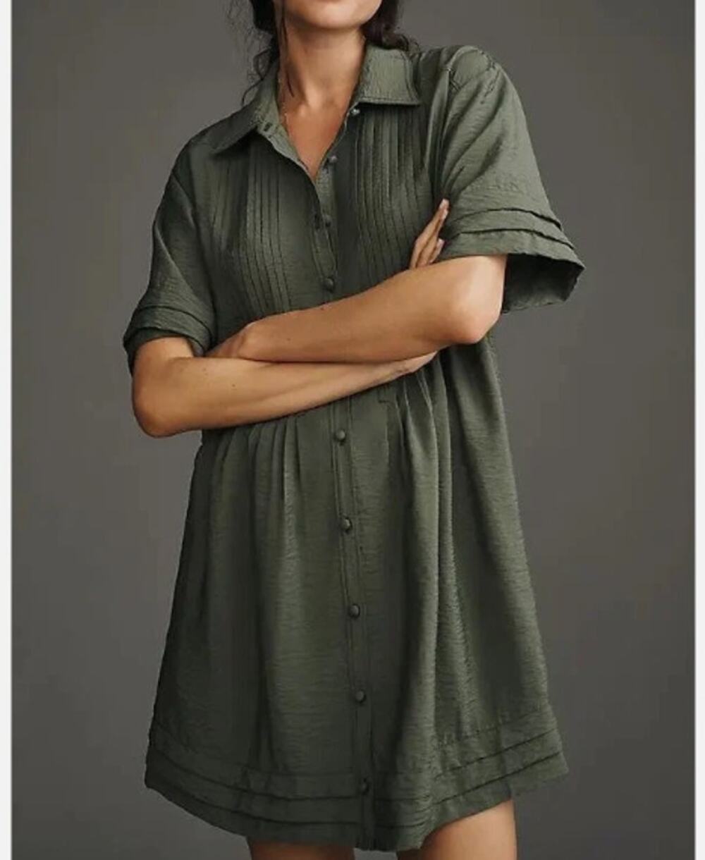 Pilcro Anthropologie Sz XL Olive Green Pintuck Tunic Shirt Dress Boho Oversize